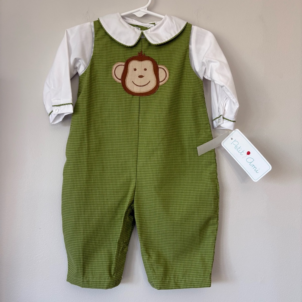 NWT Petit Pomme One Piece Longall Green Gingham Monkey Appliqué Romper 6 Months